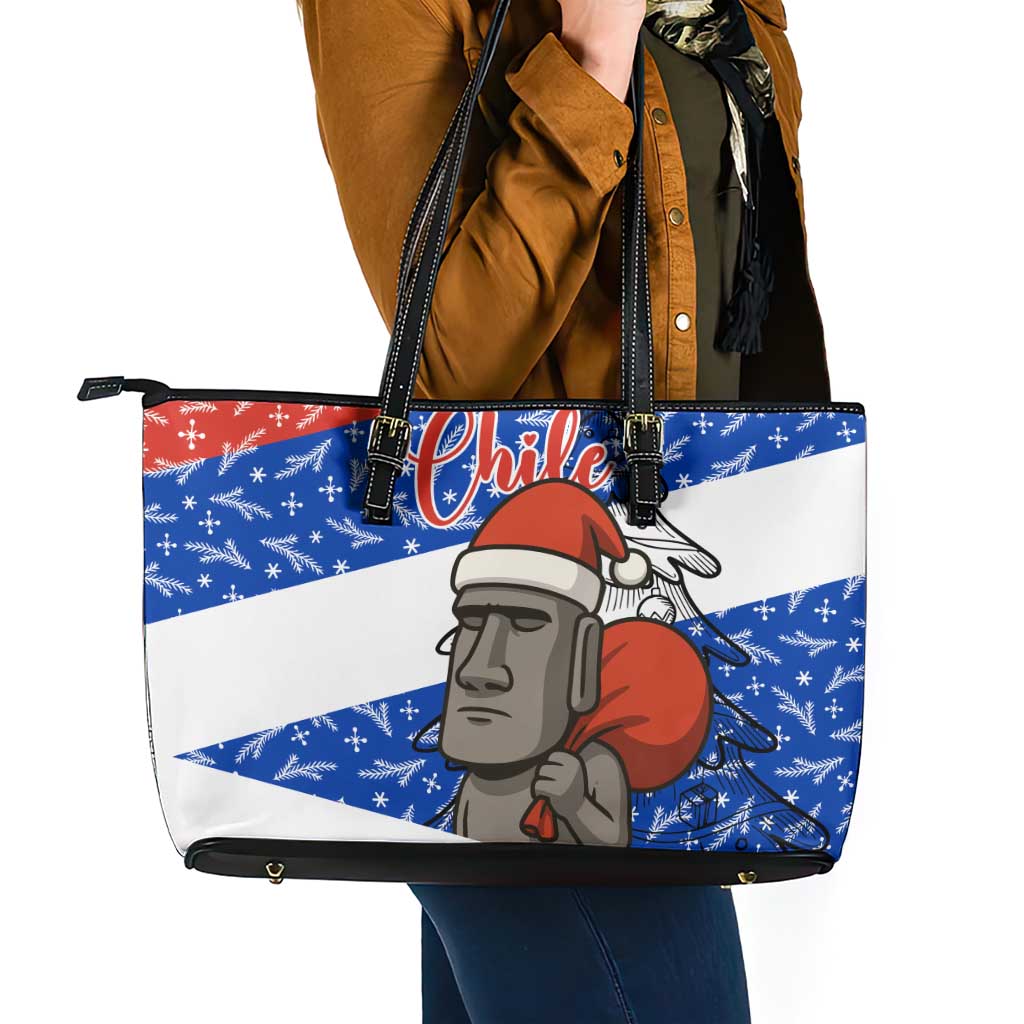 Chile Christmas Leather Tote Bag with Moai Statues Santa Hats Snowflakes and Flag Colors Design - Wonder Print Shop