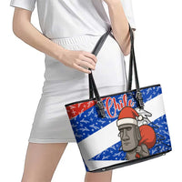 Chile Christmas Leather Tote Bag with Moai Statues Santa Hats Snowflakes and Flag Colors Design - Wonder Print Shop