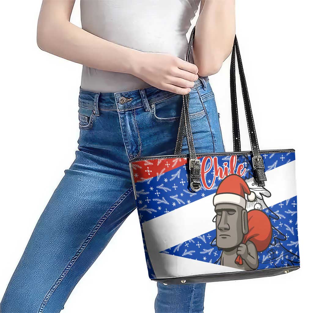 Chile Christmas Leather Tote Bag with Moai Statues Santa Hats Snowflakes and Flag Colors Design - Wonder Print Shop