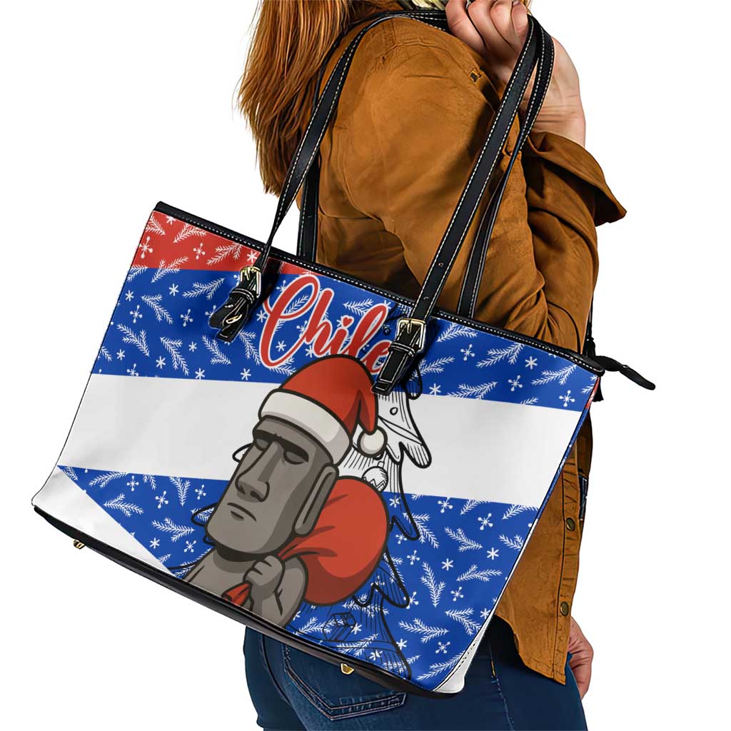 Chile Christmas Leather Tote Bag with Moai Statues Santa Hats Snowflakes and Flag Colors Design - Wonder Print Shop