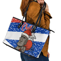 Chile Christmas Leather Tote Bag with Moai Statues Santa Hats Snowflakes and Flag Colors Design - Wonder Print Shop