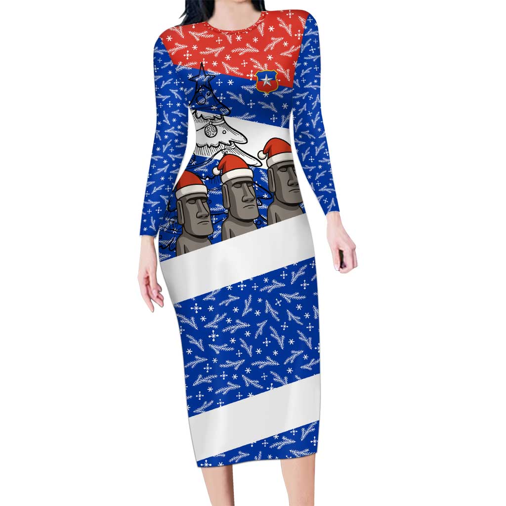 Chile Christmas Long Sleeve Bodycon Dress with Moai Statues Santa Hats Snowflakes and Flag Colors Design - Wonder Print Shop
