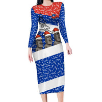 Chile Christmas Long Sleeve Bodycon Dress with Moai Statues Santa Hats Snowflakes and Flag Colors Design - Wonder Print Shop