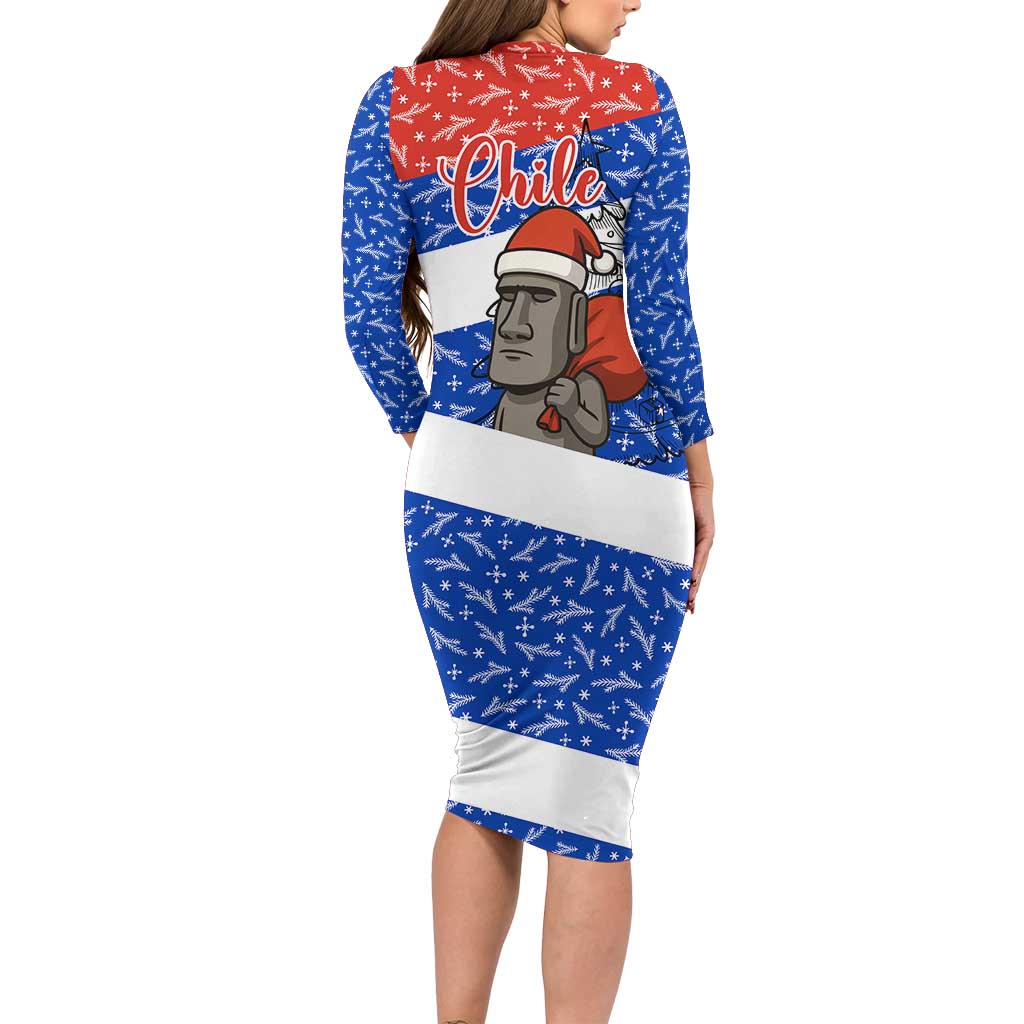 Chile Christmas Long Sleeve Bodycon Dress with Moai Statues Santa Hats Snowflakes and Flag Colors Design - Wonder Print Shop