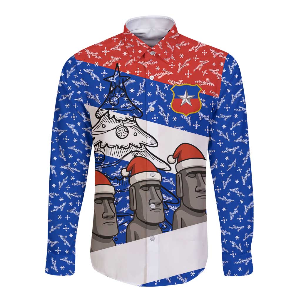 Chile Christmas Long Sleeve Button Shirt with Moai Statues Santa Hats Snowflakes and Flag Colors Design - Wonder Print Shop