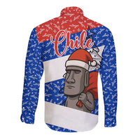 Chile Christmas Long Sleeve Button Shirt with Moai Statues Santa Hats Snowflakes and Flag Colors Design - Wonder Print Shop