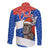 Chile Christmas Long Sleeve Button Shirt with Moai Statues Santa Hats Snowflakes and Flag Colors Design - Wonder Print Shop