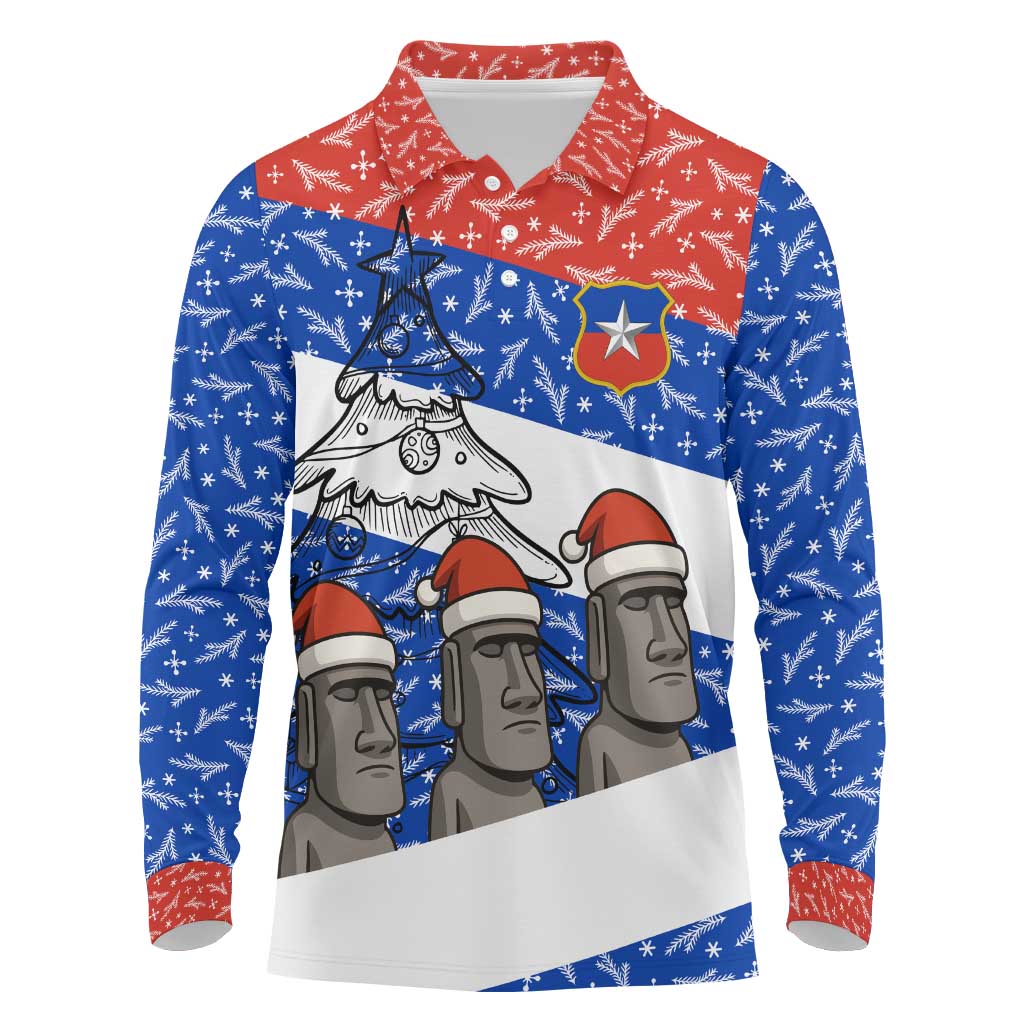Chile Christmas Long Sleeve Polo Shirt with Moai Statues Santa Hats Snowflakes and Flag Colors Design - Wonder Print Shop