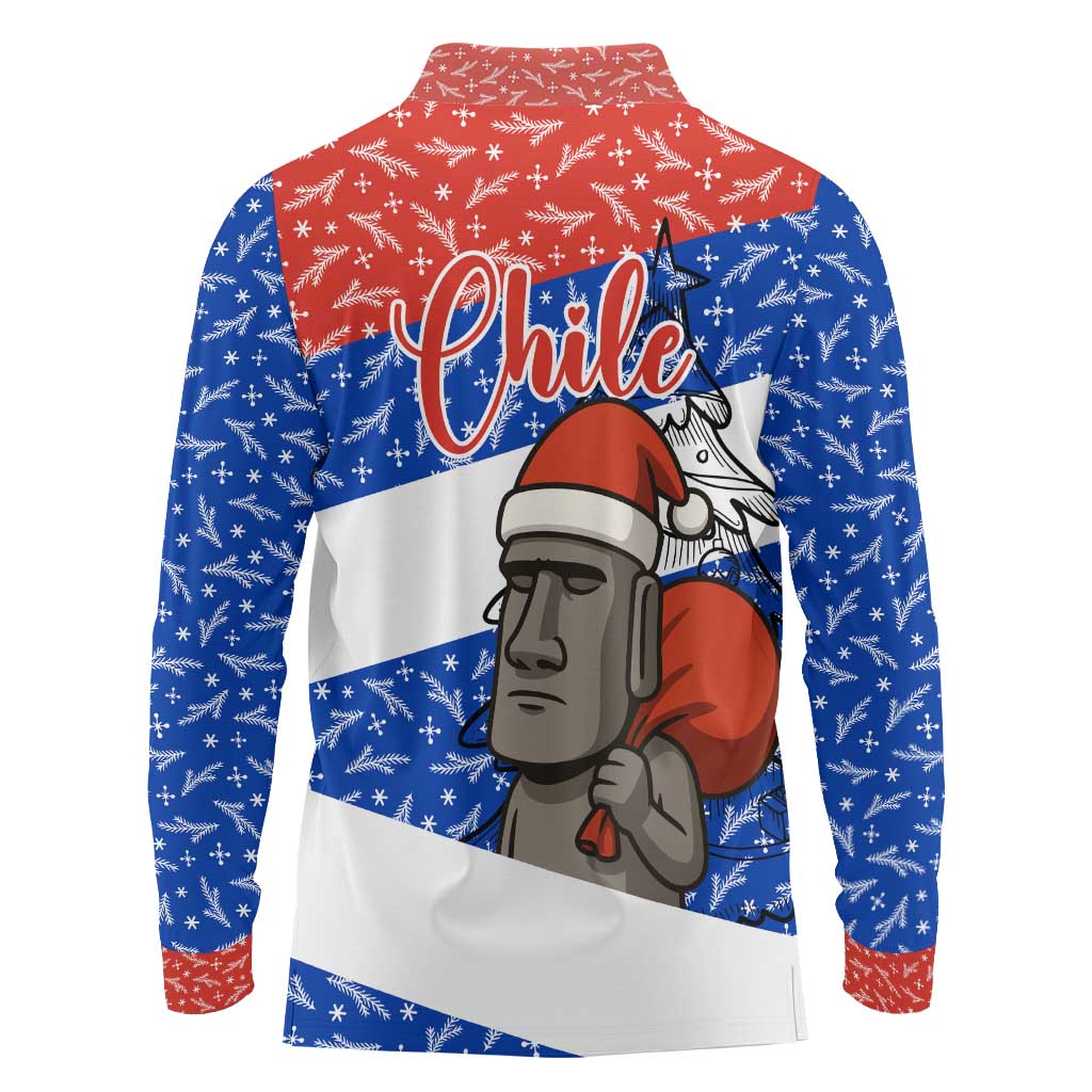 Chile Christmas Long Sleeve Polo Shirt with Moai Statues Santa Hats Snowflakes and Flag Colors Design - Wonder Print Shop