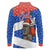 Chile Christmas Long Sleeve Polo Shirt with Moai Statues Santa Hats Snowflakes and Flag Colors Design - Wonder Print Shop