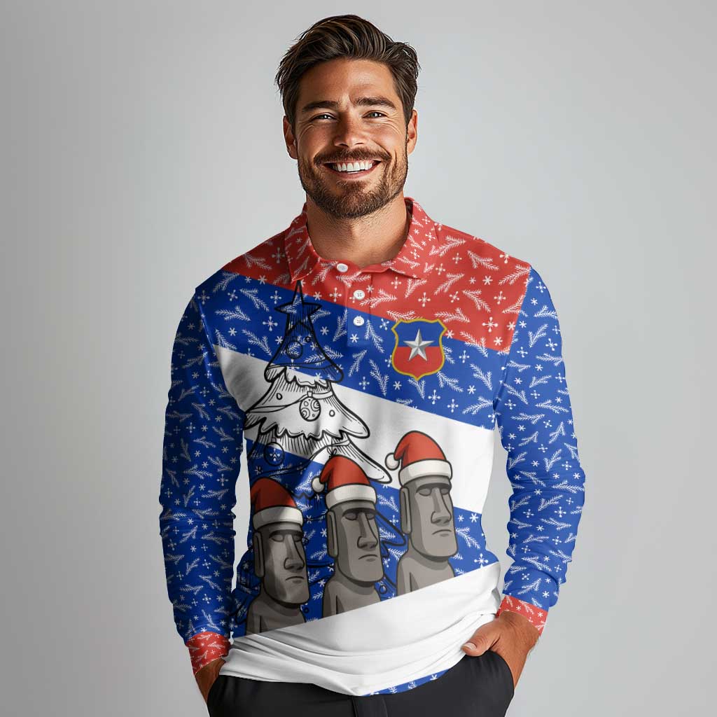 Chile Christmas Long Sleeve Polo Shirt with Moai Statues Santa Hats Snowflakes and Flag Colors Design - Wonder Print Shop