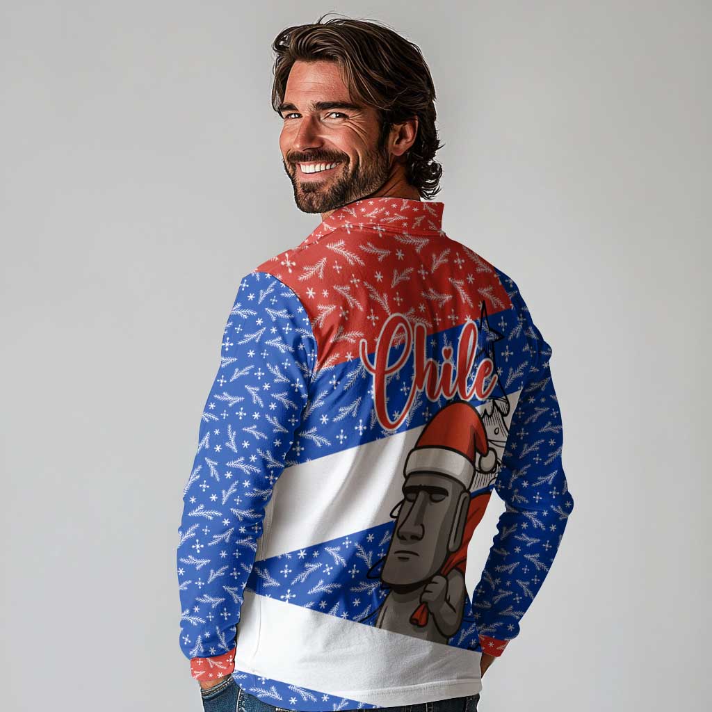 Chile Christmas Long Sleeve Polo Shirt with Moai Statues Santa Hats Snowflakes and Flag Colors Design - Wonder Print Shop