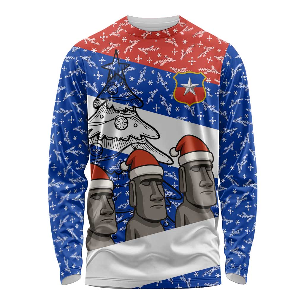 Chile Christmas Long Sleeve Shirt with Moai Statues Santa Hats Snowflakes and Flag Colors Design - Wonder Print Shop