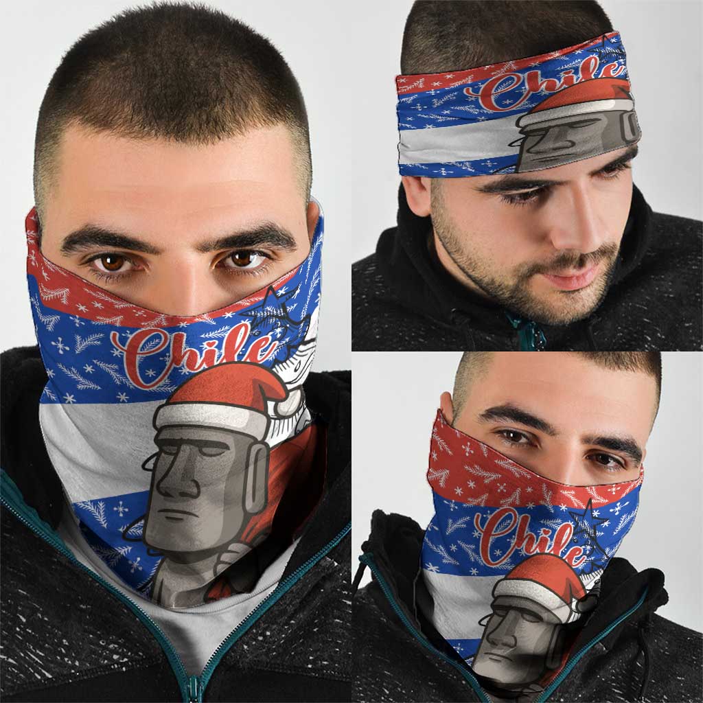 Chile Christmas Neck Gaiter with Moai Statues Santa Hats Snowflakes and Flag Colors Design - Wonder Print Shop