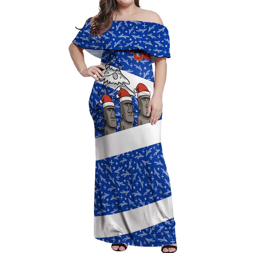 Chile Christmas Off Shoulder Maxi Dress with Moai Statues Santa Hats Snowflakes and Flag Colors Design - Wonder Print Shop