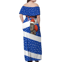Chile Christmas Off Shoulder Maxi Dress with Moai Statues Santa Hats Snowflakes and Flag Colors Design - Wonder Print Shop