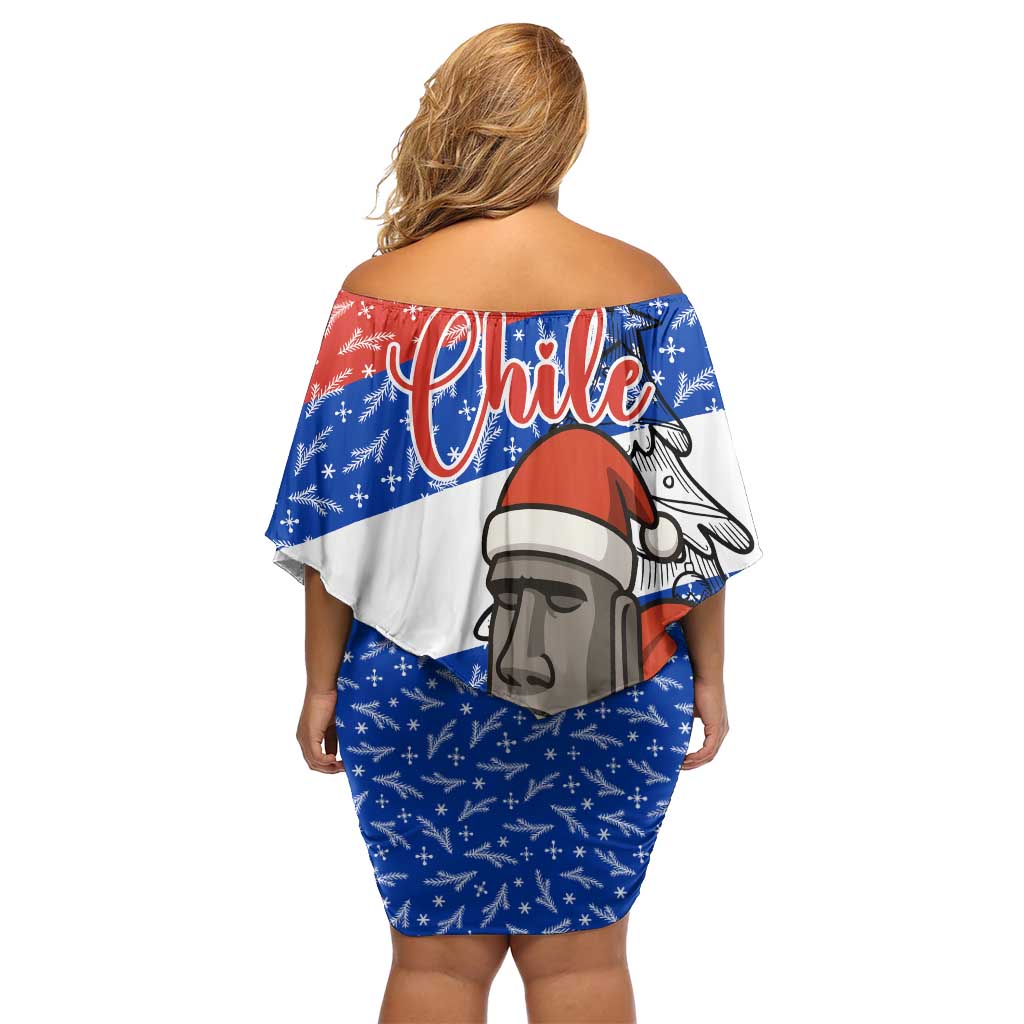 Chile Christmas Off Shoulder Short Dress with Moai Statues Santa Hats Snowflakes and Flag Colors Design - Wonder Print Shop