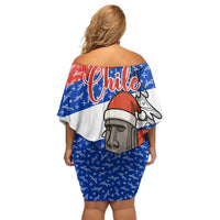 Chile Christmas Off Shoulder Short Dress with Moai Statues Santa Hats Snowflakes and Flag Colors Design - Wonder Print Shop