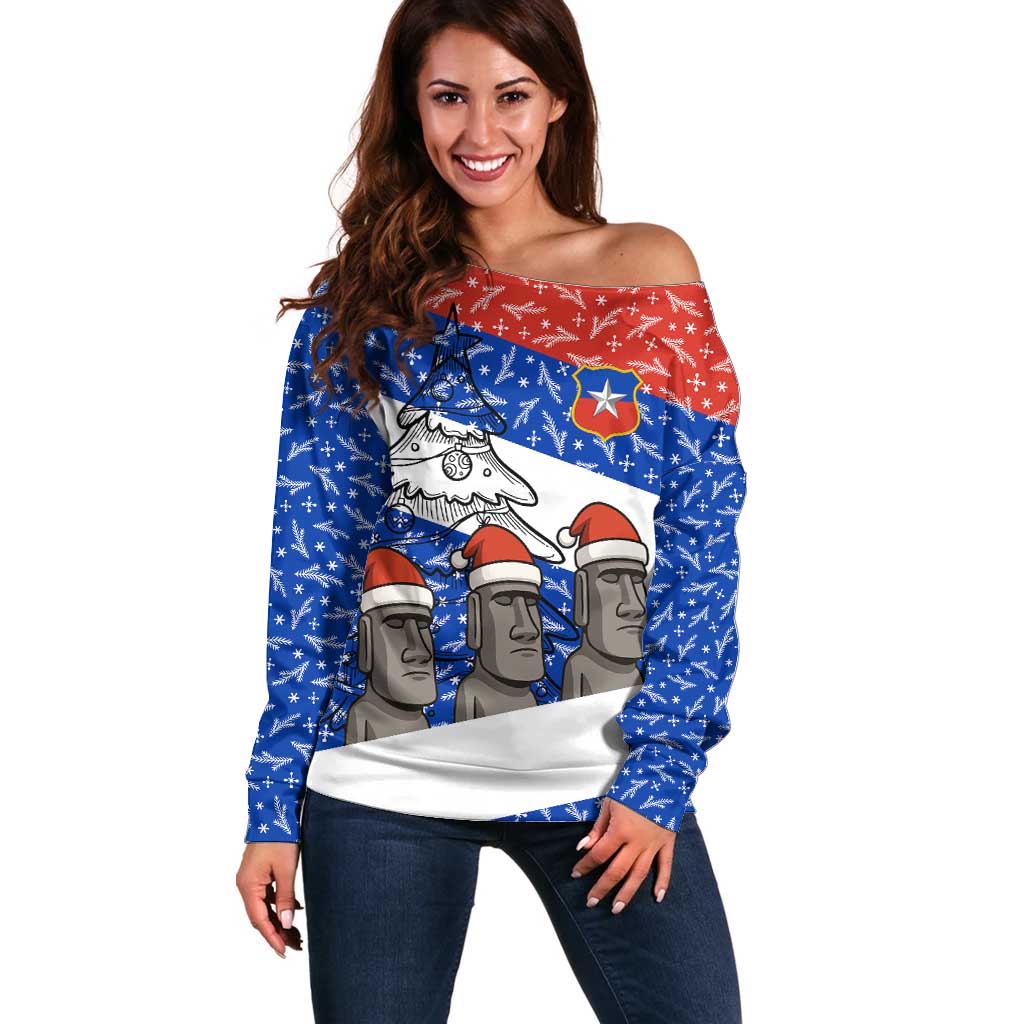 Chile Christmas Off Shoulder Sweater with Moai Statues Santa Hats Snowflakes and Flag Colors Design - Wonder Print Shop