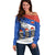 Chile Christmas Off Shoulder Sweater with Moai Statues Santa Hats Snowflakes and Flag Colors Design - Wonder Print Shop