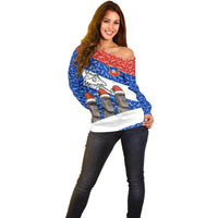 Chile Christmas Off Shoulder Sweater with Moai Statues Santa Hats Snowflakes and Flag Colors Design - Wonder Print Shop