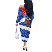 Chile Christmas Off The Shoulder Long Sleeve Dress with Moai Statues Santa Hats Snowflakes and Flag Colors Design - Wonder Print Shop