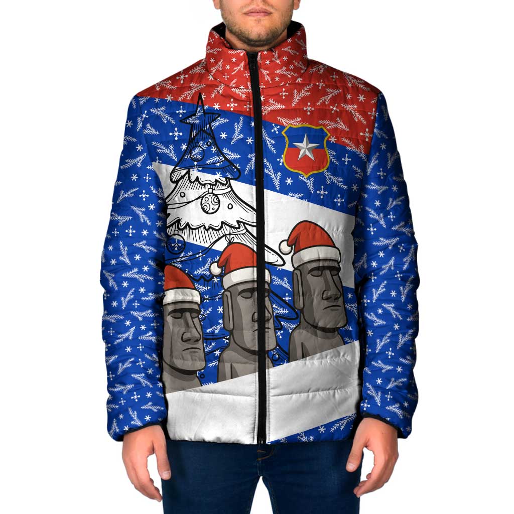 Chile Christmas Padded Jacket with Moai Statues Santa Hats Snowflakes and Flag Colors Design - Wonder Print Shop