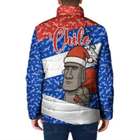 Chile Christmas Padded Jacket with Moai Statues Santa Hats Snowflakes and Flag Colors Design - Wonder Print Shop