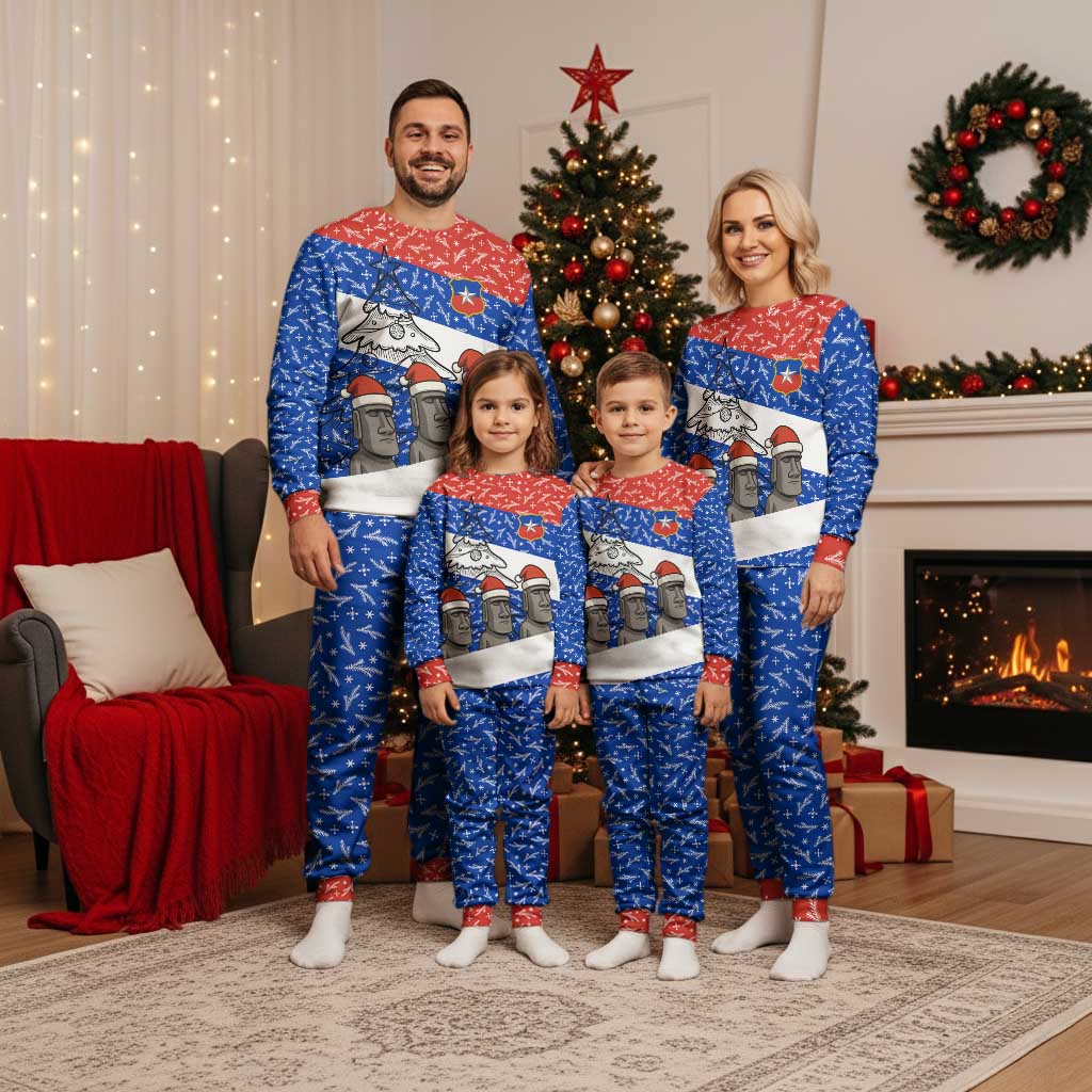 Chile Christmas Pajama Set with Moai Statues Santa Hats Snowflakes and Flag Colors Design - Wonder Print Shop