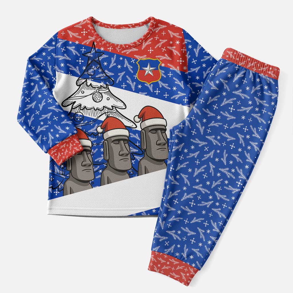 Chile Christmas Pajama Set with Moai Statues Santa Hats Snowflakes and Flag Colors Design - Wonder Print Shop