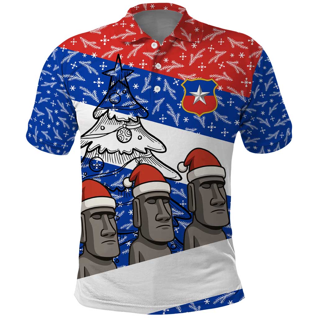 Chile Christmas Polo Shirt with Moai Statues Santa Hats Snowflakes and Flag Colors Design - Wonder Print Shop