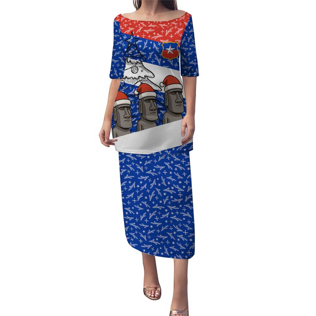 Chile Christmas Puletasi with Moai Statues Santa Hats Snowflakes and Flag Colors Design - Wonder Print Shop
