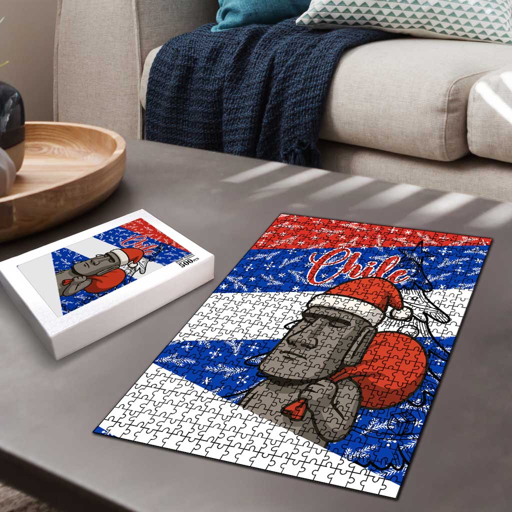 Chile Christmas Puzzle with Moai Statues Santa Hats Snowflakes and Flag Colors Design - Wonder Print Shop