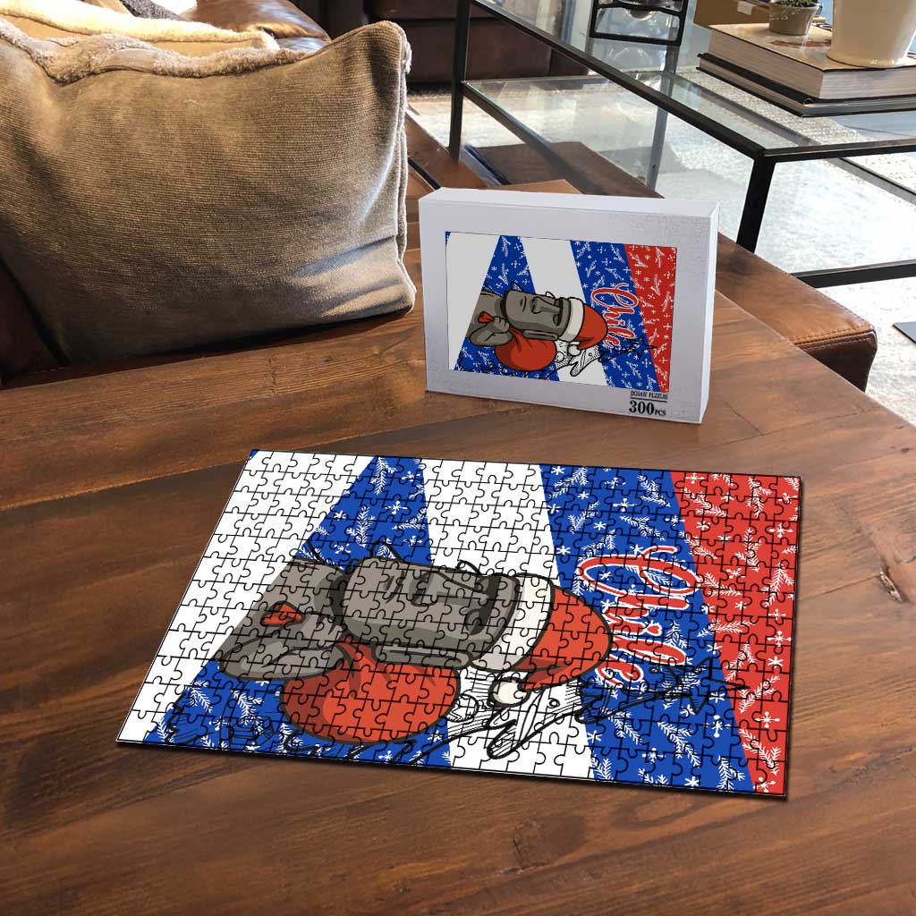 Chile Christmas Puzzle with Moai Statues Santa Hats Snowflakes and Flag Colors Design - Wonder Print Shop