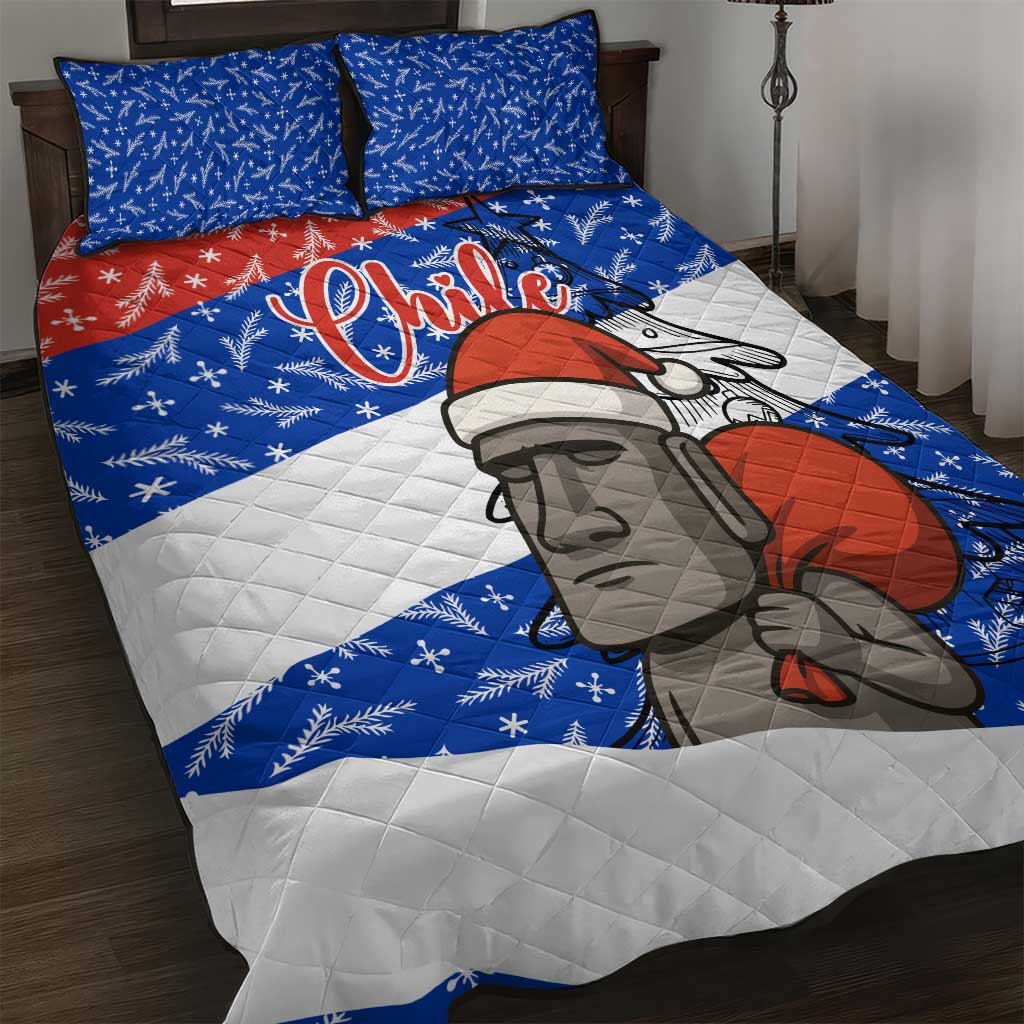 Chile Christmas Quilt Bed Set with Moai Statues Santa Hats Snowflakes and Flag Colors Design - Wonder Print Shop