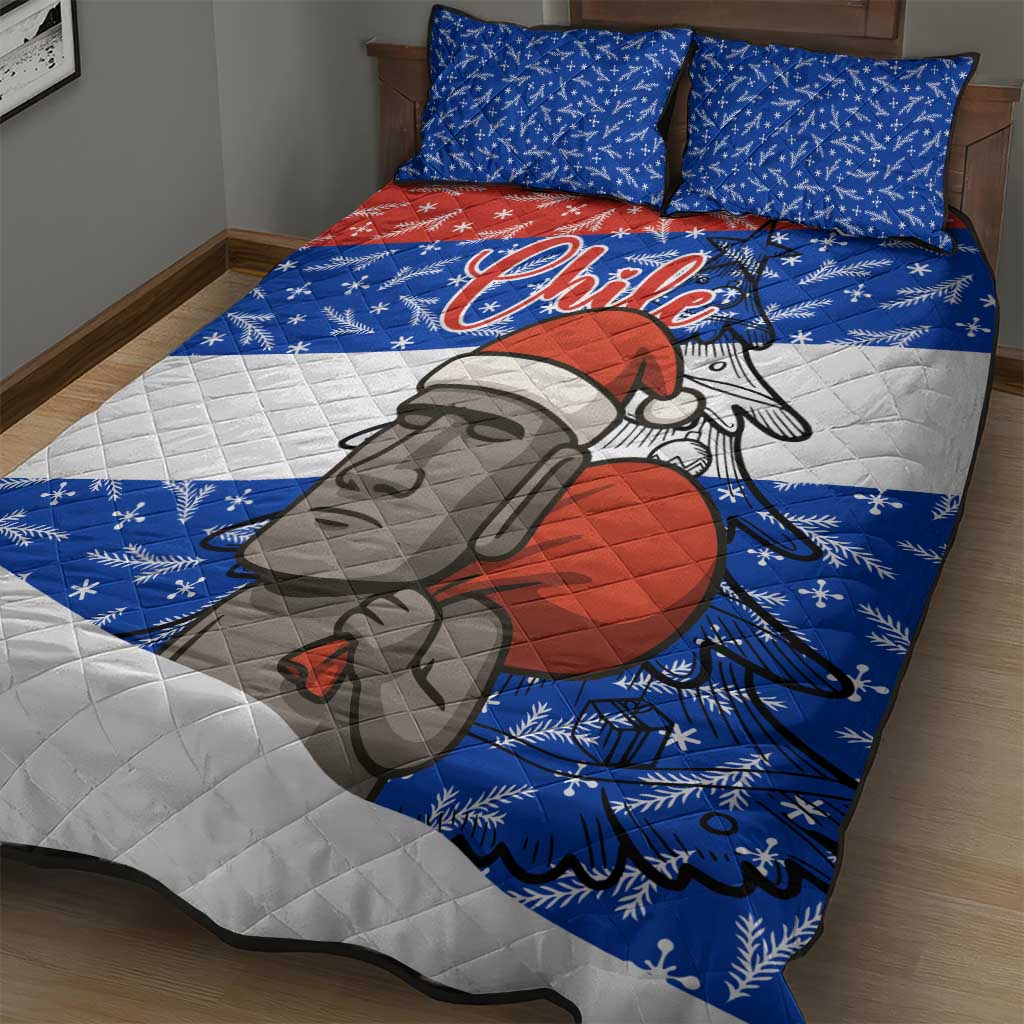 Chile Christmas Quilt Bed Set with Moai Statues Santa Hats Snowflakes and Flag Colors Design - Wonder Print Shop