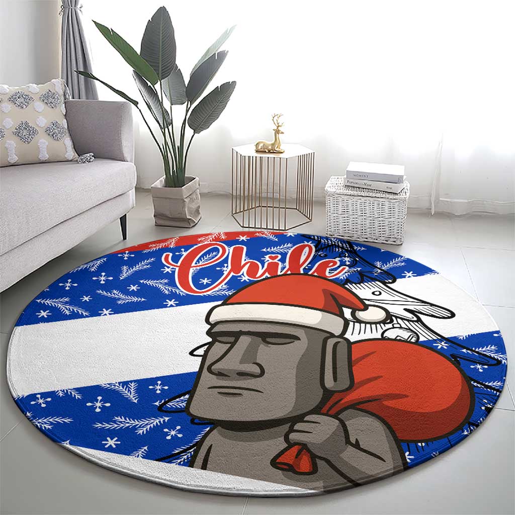 Chile Christmas Round Carpet with Moai Statues Santa Hats Snowflakes and Flag Colors Design - Wonder Print Shop