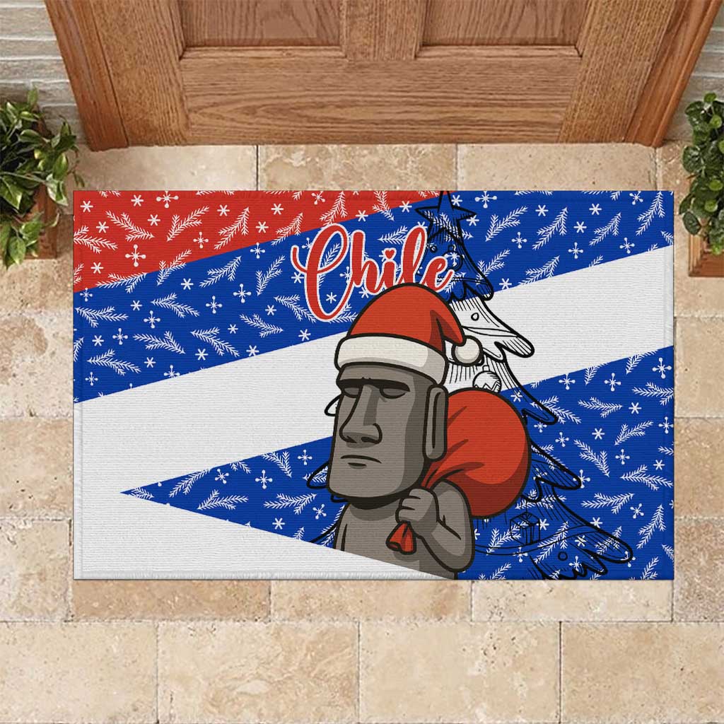 Chile Christmas Rubber Doormat with Moai Statues Santa Hats Snowflakes and Flag Colors Design - Wonder Print Shop