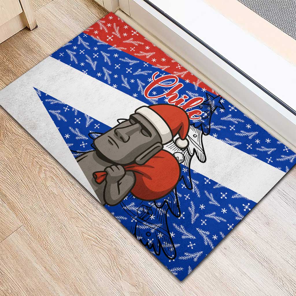 Chile Christmas Rubber Doormat with Moai Statues Santa Hats Snowflakes and Flag Colors Design - Wonder Print Shop