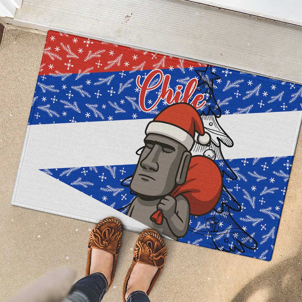 Chile Christmas Rubber Doormat with Moai Statues Santa Hats Snowflakes and Flag Colors Design - Wonder Print Shop