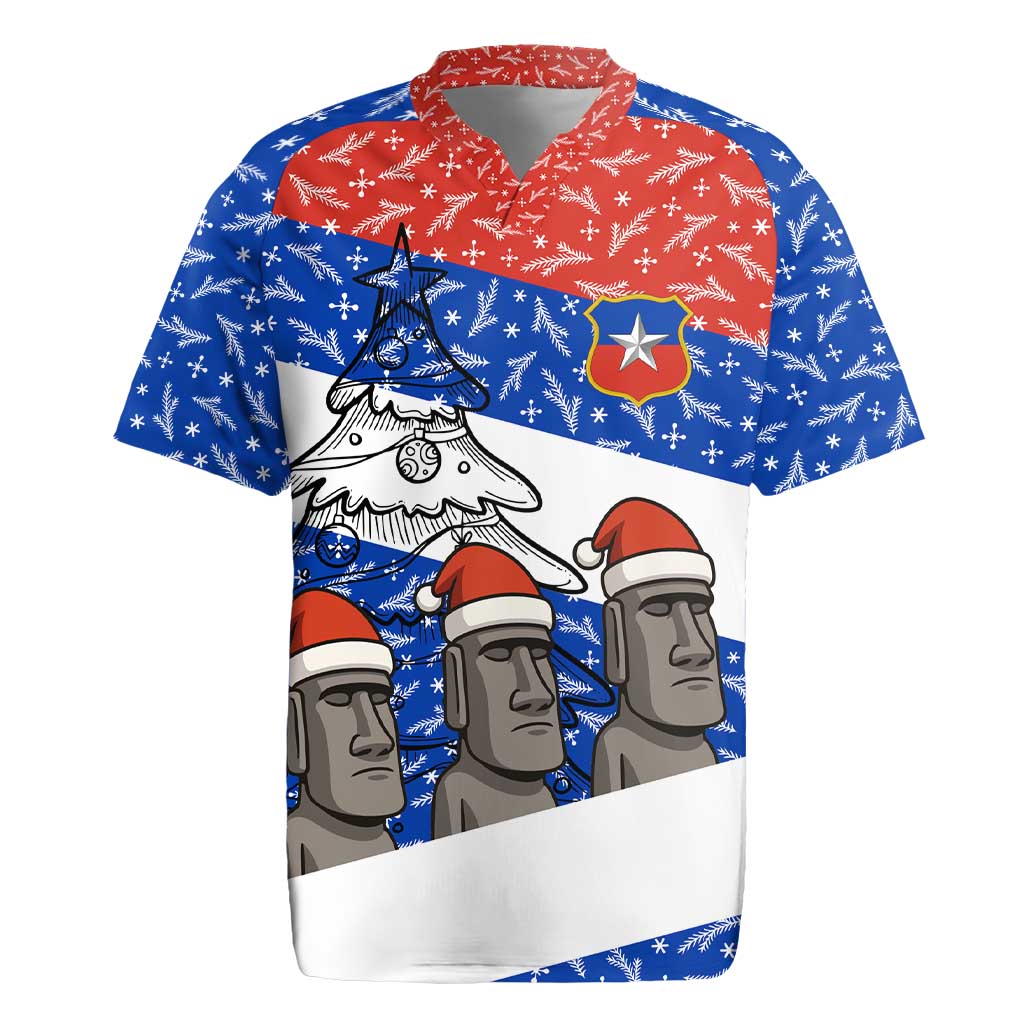 Chile Christmas Rugby Jersey with Moai Statues Santa Hats Snowflakes and Flag Colors Design - Wonder Print Shop