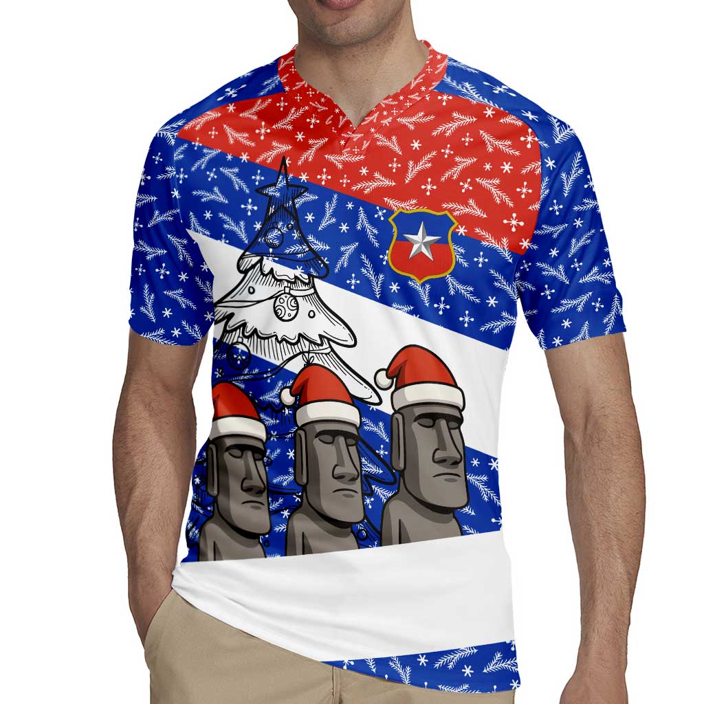 Chile Christmas Rugby Jersey with Moai Statues Santa Hats Snowflakes and Flag Colors Design - Wonder Print Shop