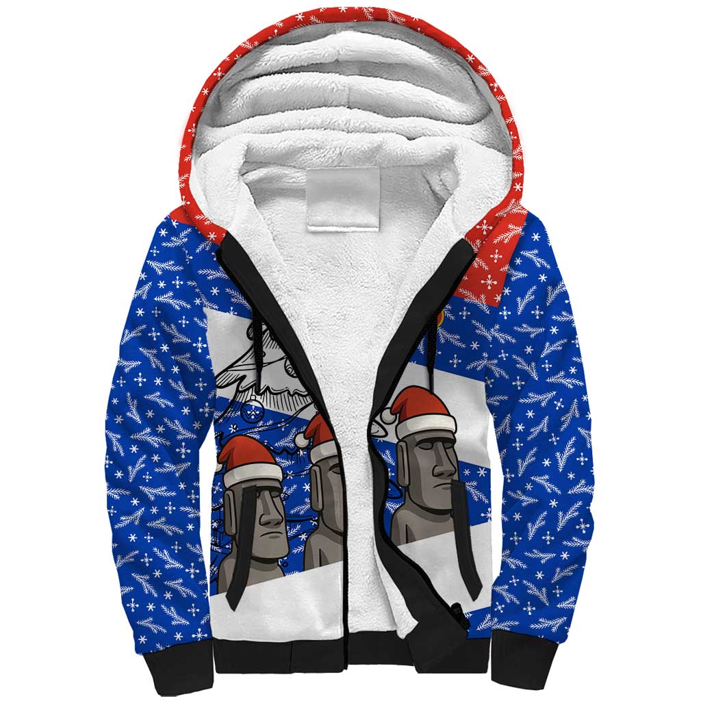 Chile Christmas Sherpa Hoodie with Moai Statues Santa Hats Snowflakes and Flag Colors Design - Wonder Print Shop