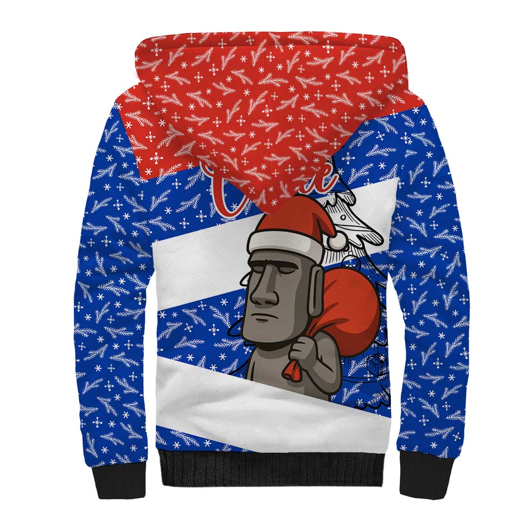 Chile Christmas Sherpa Hoodie with Moai Statues Santa Hats Snowflakes and Flag Colors Design - Wonder Print Shop