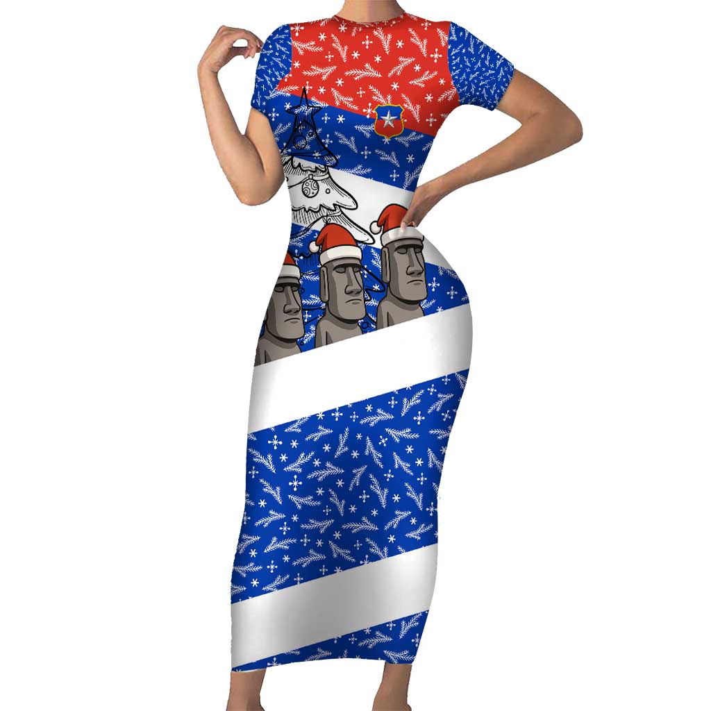 Chile Christmas Short Sleeve Bodycon Dress with Moai Statues Santa Hats Snowflakes and Flag Colors Design - Wonder Print Shop