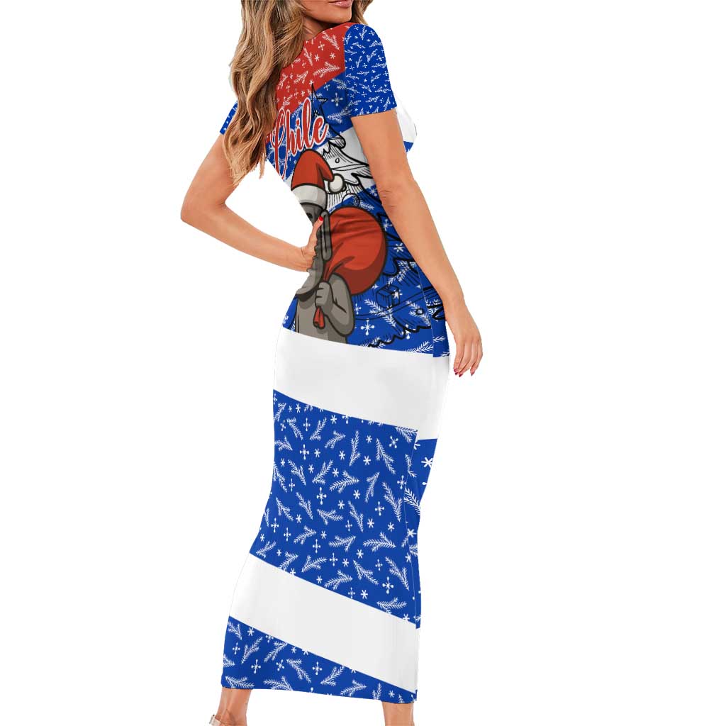 Chile Christmas Short Sleeve Bodycon Dress with Moai Statues Santa Hats Snowflakes and Flag Colors Design - Wonder Print Shop