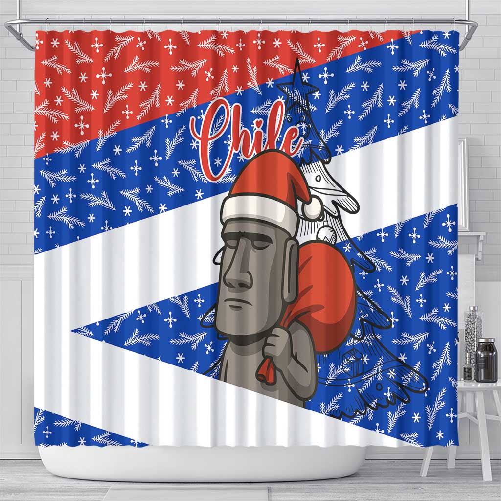 Chile Christmas Shower Curtain with Moai Statues Santa Hats Snowflakes and Flag Colors Design - Wonder Print Shop