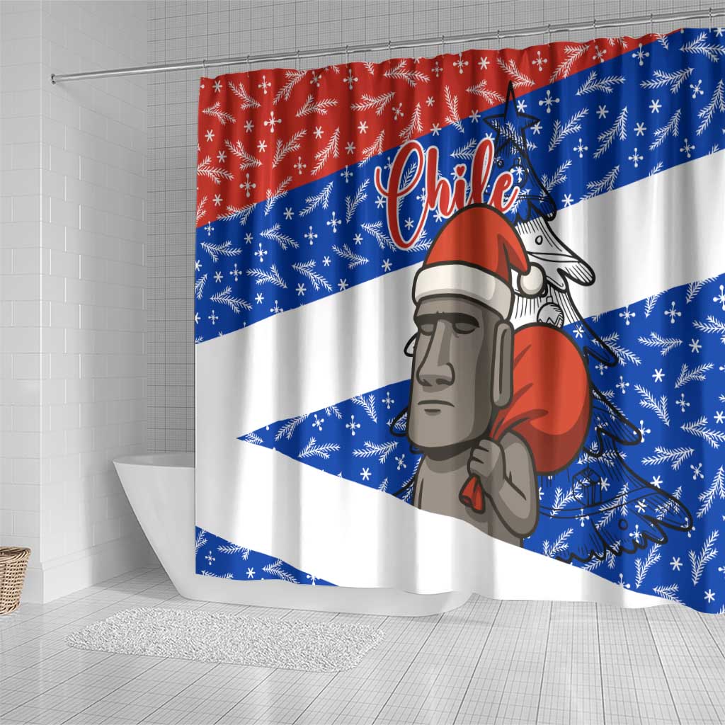 Chile Christmas Shower Curtain with Moai Statues Santa Hats Snowflakes and Flag Colors Design - Wonder Print Shop