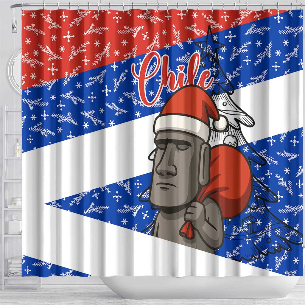 Chile Christmas Shower Curtain with Moai Statues Santa Hats Snowflakes and Flag Colors Design - Wonder Print Shop