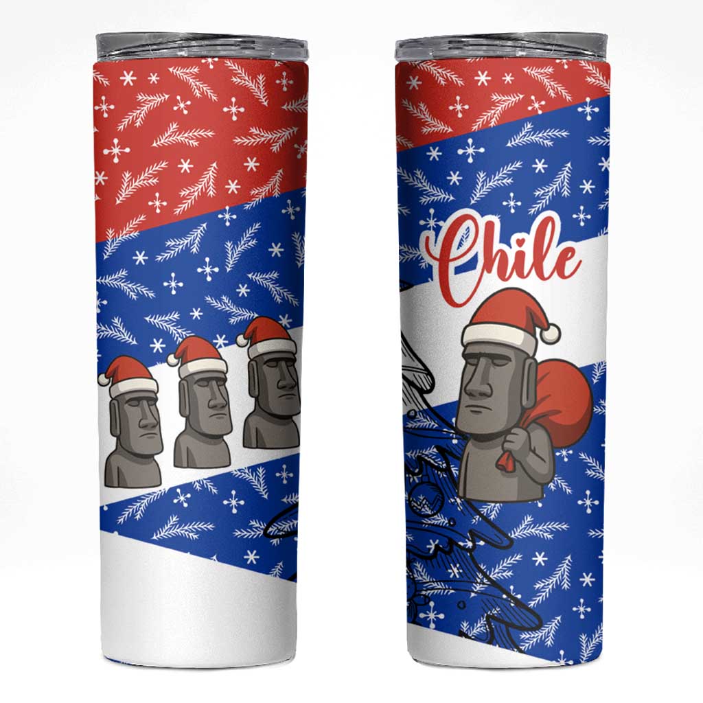 Chile Christmas Skinny Tumbler with Moai Statues Santa Hats Snowflakes and Flag Colors Design - Wonder Print Shop